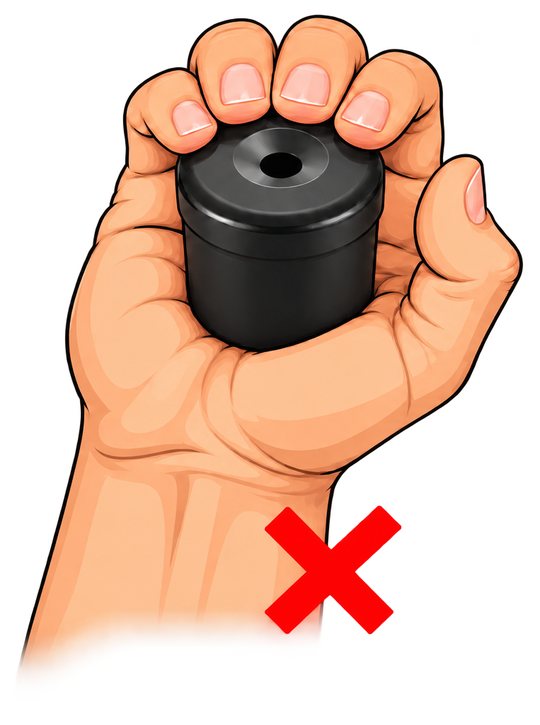 Wrong way: the Pooter held with the hole facing out, away from the palm