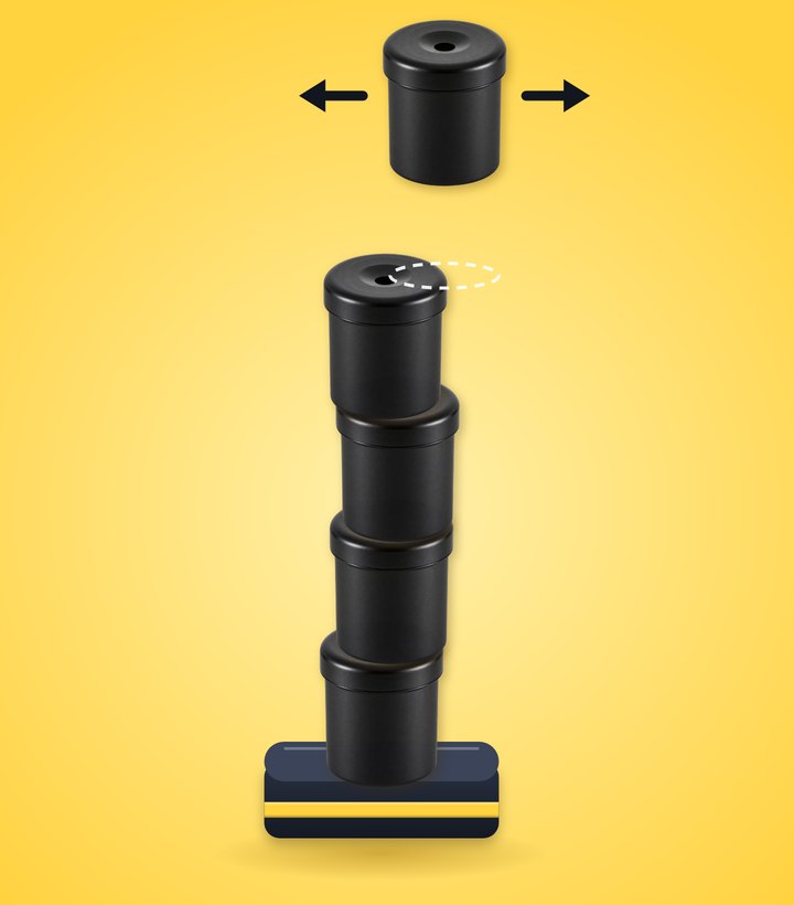 Four Pooters stacked on a stand with a fifth swinging above, ready to drop